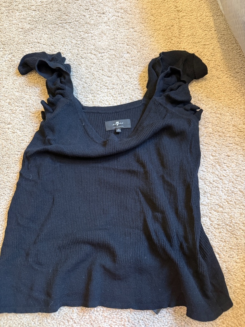 7 For All Mankind Black Ribbed Tank with Ruffle Straps